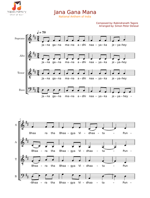 Jana Gana Mana – Rabindranath Tagore Jana Gana Mana SATB arrangement – Rabindranath Tagore