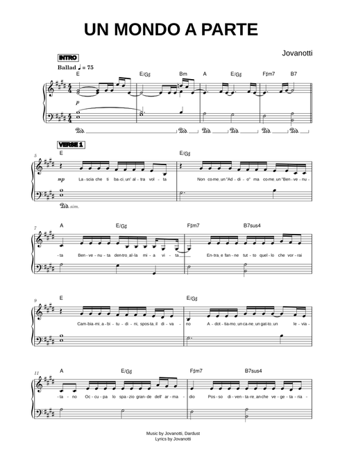 Un mondo a parte - Jovanotti (Piano Solo)