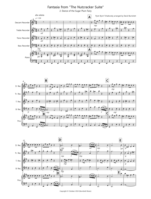 Dance of the Sugar Plum Fairy (fantasia from Nutcracker) for Recorder Quartet (Arr. David Burndrett) - Pyotr Ilyich Tchaikovsky (Recorder Solo)