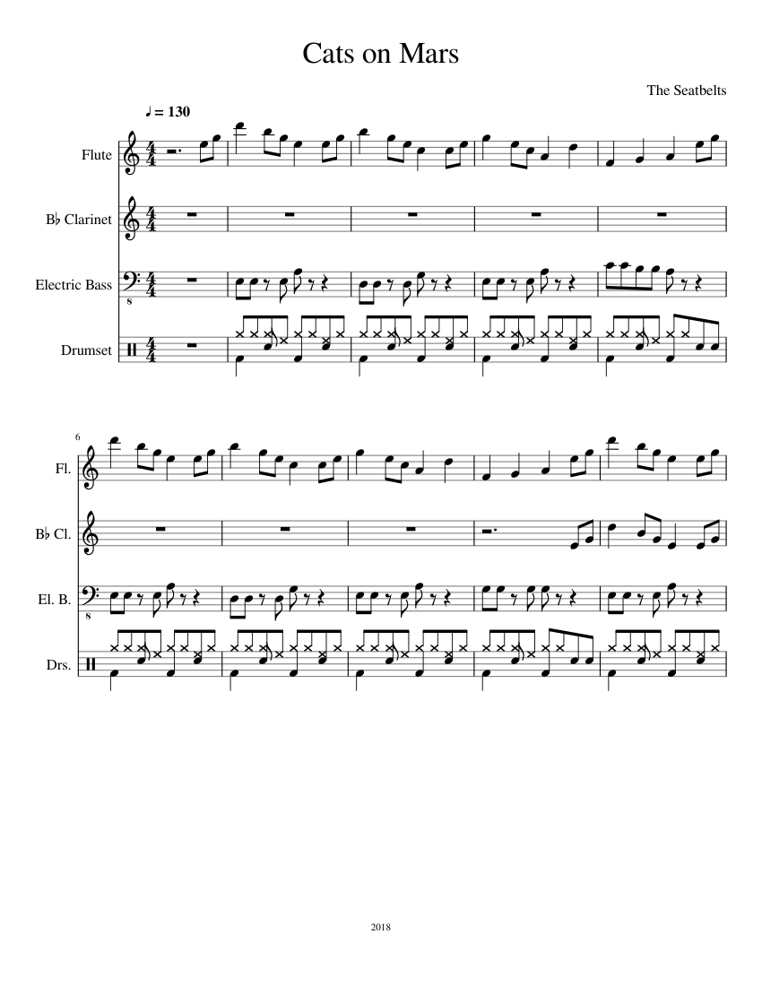 Cats on Mars Sheet Music for Flute, Clarinet in b-flat, Bass guitar, Drum  group (Mixed Quartet) | MuseScore.com, image size:850x1100