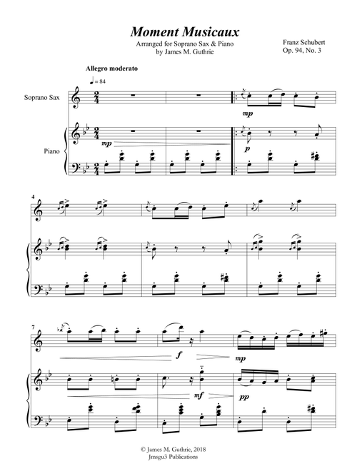 Schubert: Moment Musicaux for Soprano Sax & Piano (Arr. James M. Guthrie, ASCAP) (Soprano Sax and Piano)