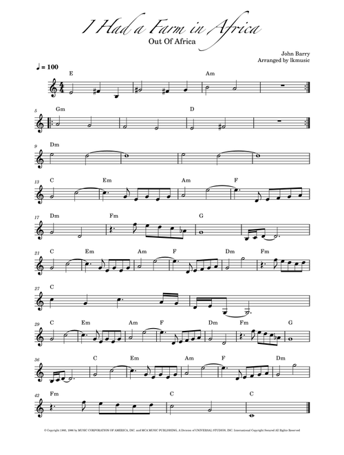 I Had A Farm In Africa (Main Title) (Arr. Lkmusic) - John Barry (Violin Solo)