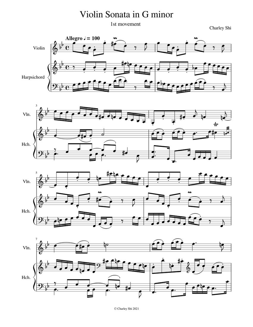 Violin Sonata in G minor (1st movement) Sheet Music for Harpsichord ...