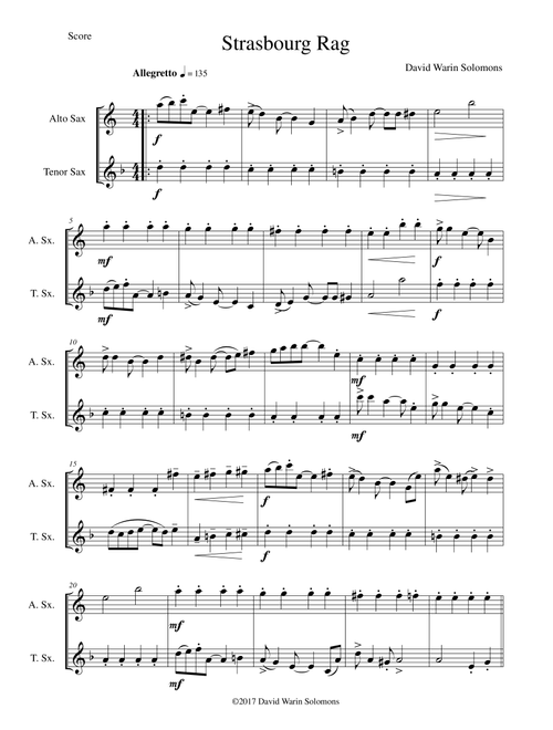 Strasbourg Rag for alto and tenor saxophones - David Warin Solomons (Instrumental Duet)