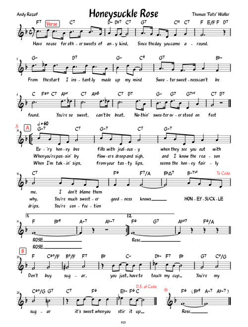 Honeysuckle Rose (Lead sheet with lyrics and verse )