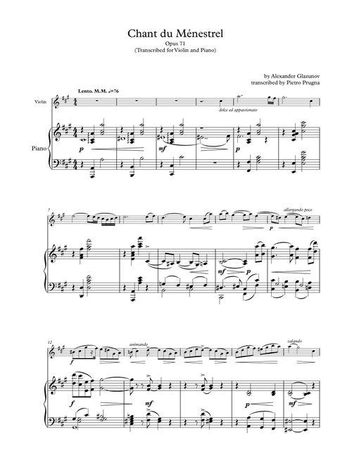 Chant du Ménestrel, Op.71, by Alexander Glazunov - Transcribed for Violin (or Viola) and Piano (Arr. Pietro Prugna) (Violin and Piano)