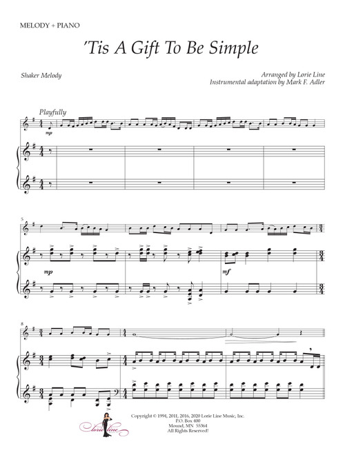 Tis A Gift To Be Simple (Arr. Lorie Line) (Instrumental Duet and Piano)