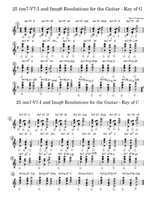 25 iim7-V7-I and Imaj6 Resolutions for the Guitar Key of G and C