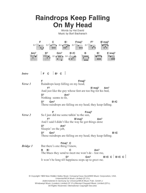 Raindrops Keep Falling On My Head - BJ Thomas, Bacharach & David (Guitar Chords-Lyrics)