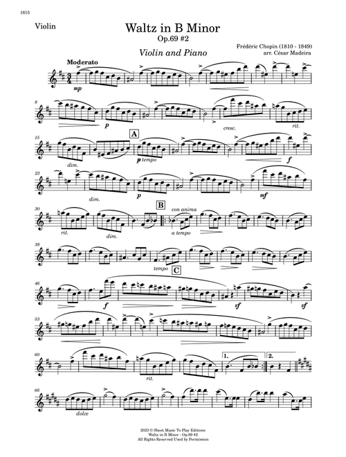 Waltz Op.69 No.2 in B Minor by Chopin - Violin and Piano (Individual Parts) (Arr. César Madeira) - Frederic Chopin (Violin and Piano)