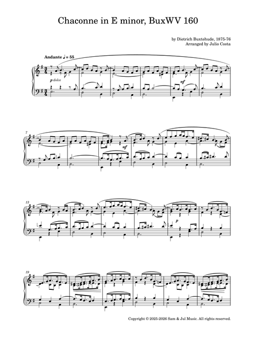 Buxtehude - Chaconne in E minor, BuxWV 160 (Arr. Julio Costa) - Dietrich Buxtehude (Piano Solo)