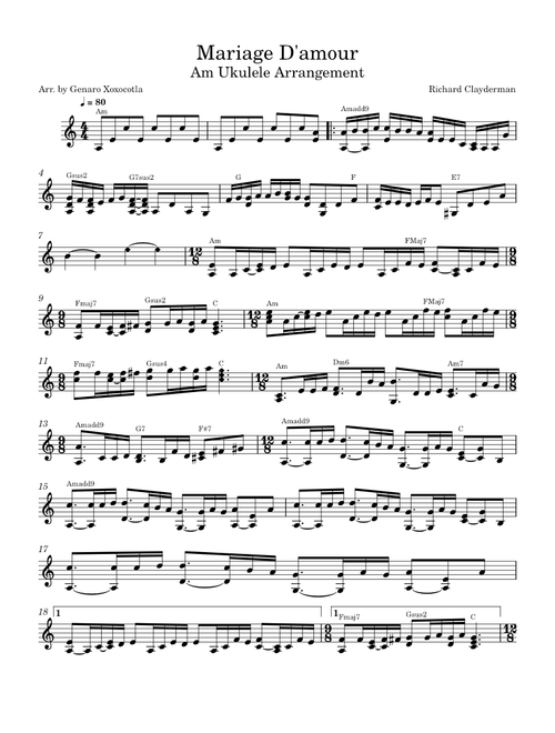 Mariage D'amour – Richard Clayderman Ukulele Arrangement (Low G)
