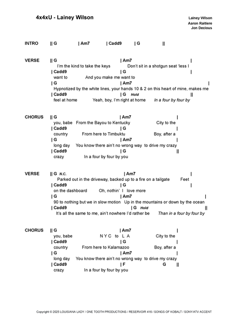 4x4xu (Arr. Bronson Ferdinand Wright) - Lainey Wilson (Guitar Chords-Lyrics)