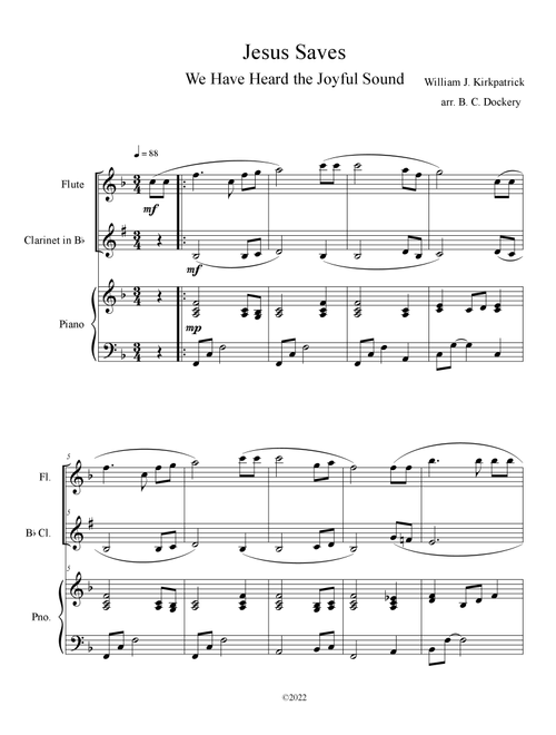 Jesus Saves (Flute and Clarinet Duet with Piano Accompaniment) (Arr. B. C. Dockery) - William J Kirkpatrick (Instrumental Duet and Piano)