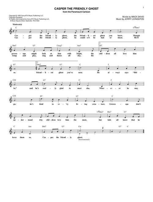 Casper The Friendly Ghost - Jerry Livingston (Lead Sheet - Fake Book)