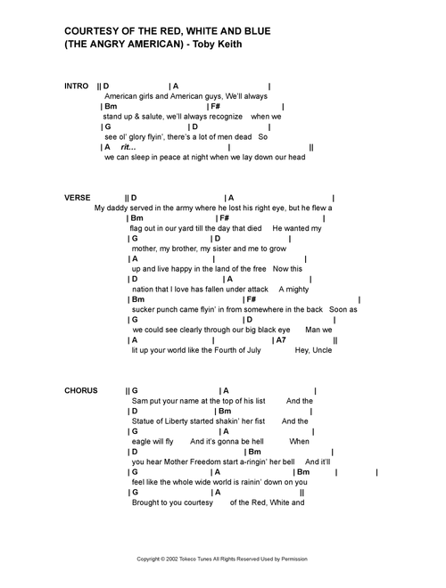 Courtesy Of The Red, White And Blue (The Angry American) (Arr. Bronson Ferdinand Wright) - Toby Keith (Guitar Chords-Lyrics)