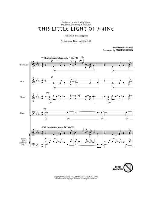 This Little Light Of Mine (arr. Moses Hogan) - African-American Spiritual (Choral, SATB)
