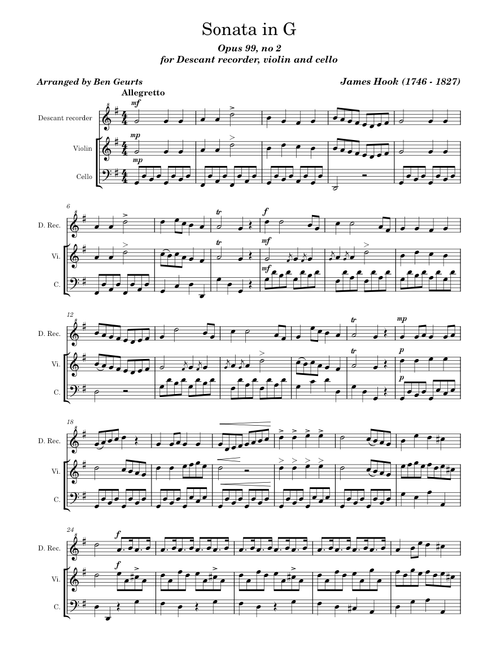 Sonata in G for Descant recorder, Violin and Cello - Op. 99, no.2 - Allegretto – James Hook