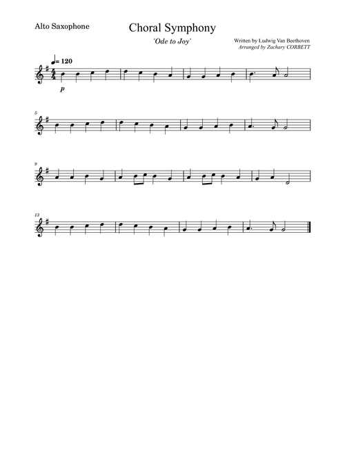 Choral Symphony Ode To Joy (Arr. Zachary Corbett) - Ludwig van Beethoven (Alto Sax Solo)