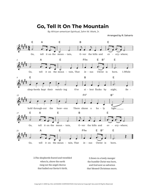 Go, Tell It On The Mountain (Key of E Major) (Arr. R. Salvario) - John W. Work Jr, African-American Spiritual (Lead Sheet - Fake Book)