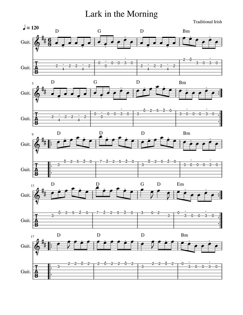 Lark In the Morning Misc Traditional Sheet Music for Guitar (Solo