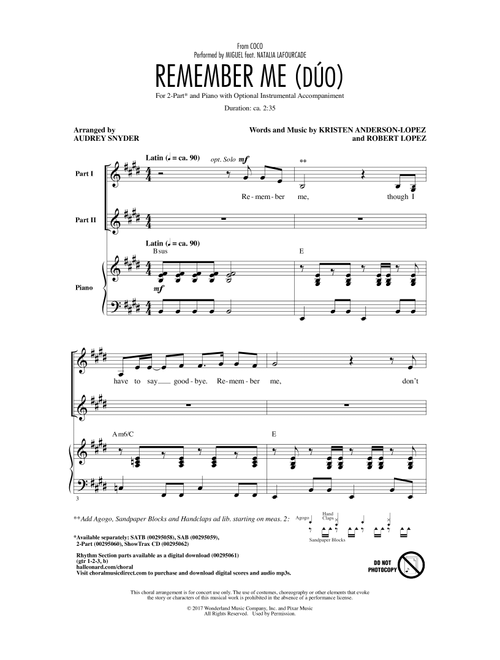 Remember Me (Duo) (from Coco) (arr. Audrey Snyder) - Miguel feat Natalia Lafourcade (Choral, 2-Part)