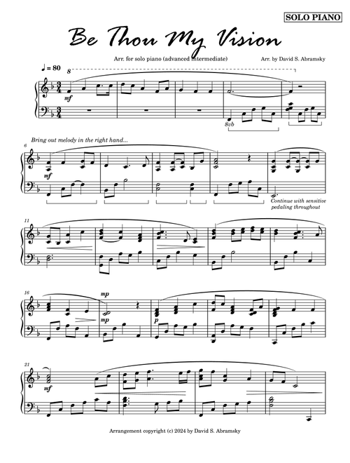 Be Thou My Vision (arr. for solo piano) (Arr. David S. Abramsky) (Piano Solo)
