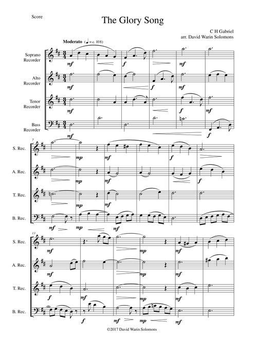 Variations on the Glory Song for recorder quartet (Arr. David Warin Solomons) - Charles Hutchinson Gabriel (Small Ensemble)