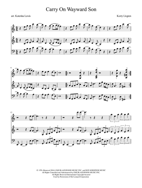 Carry On Wayward Son (Arr. Katerina Anne Lewis) - Kansas (String Ensemble)