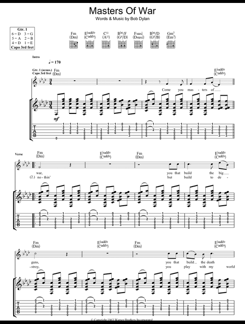 Masters Of War - Bob Dylan (Guitar Tab)