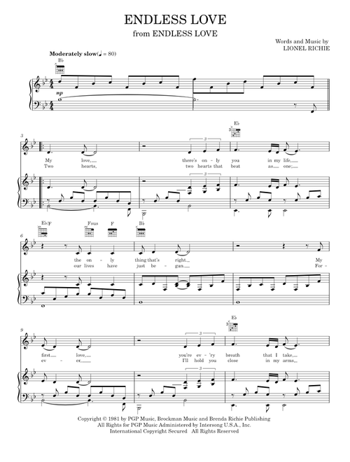Endless Love - Diana Ross, Glee TV Series, Kenny Rogers, Lionel Richie, Lionel Richie & Diana Ross, (Piano-Vocal-Guitar)