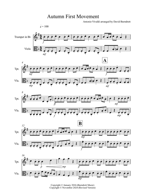 Autumn "Four Seasons" for Trumpet and Viola Duet (Arr. David Burndrett) - Antonio Vivaldi (Instrumental Duet)