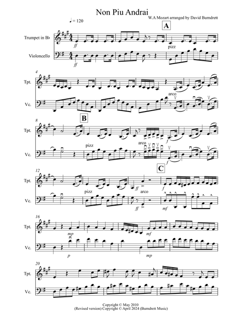 Non Piu Andrai for Trumpet and Cello Duet (Arr. David Burndrett) - Wolfgang Amadeus Mozart (Instrumental Duet)