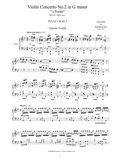 Vivaldi - Violin Concerto No.2 in G minor 'L'estate', RV 315 - Piano solo (Arr. Santino Cara) - Vivaldi Antonio (Piano Solo)