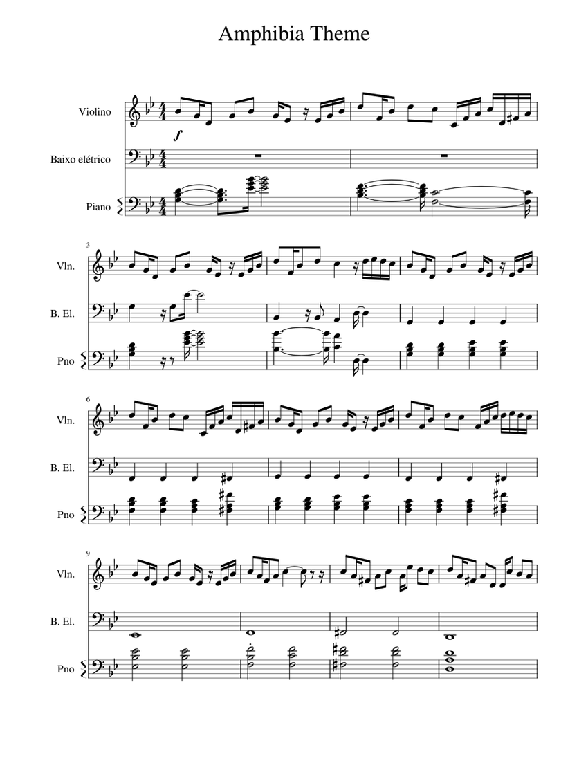Amphibia Theme Sheet Music for Piano, Violin, Bass guitar (Mixed Trio ...