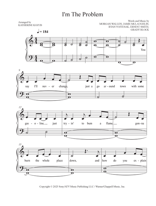 I'm The Problem (Arr. Katherine Kozub) - Morgan Wallen (Easy Piano)