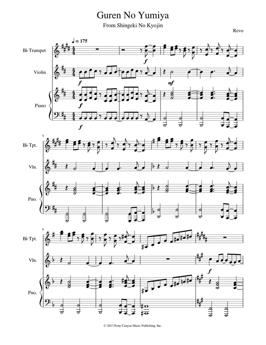 Attack On Titan Guren No Yumiya Revo Sheet music for Piano, Trumpet