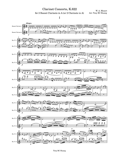 Clarinet Concerto K.622, Clarinet Duet Version (Arr. Tony BC Huang) - W. A. Mozart (Clarinet Duet)