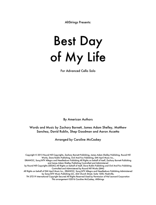 Best Day Of My Life (Arr. Caroline McCaskey) - American Authors (Cello and Piano)