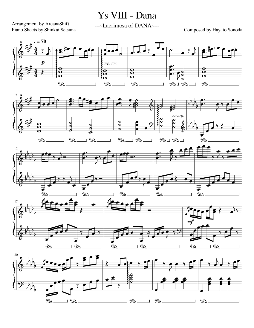 Ys VIII - Dana (ArcanaShift) Sheet Music for Piano (Solo