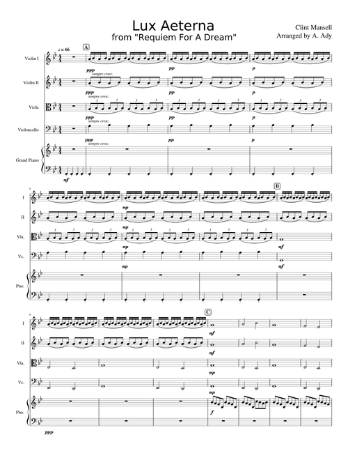 Lux Aeterna from Requiem For A Dream for String Quartet + piano