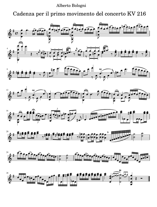 Cadenzas for Mozart's Violin Concerto KV 216 (Arr. Alberto Bologni) (Violin Solo)