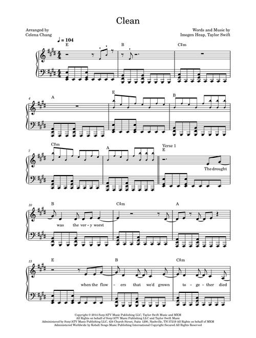 Clean (Arr. Celena Chang) - Taylor Swift (Piano Solo)