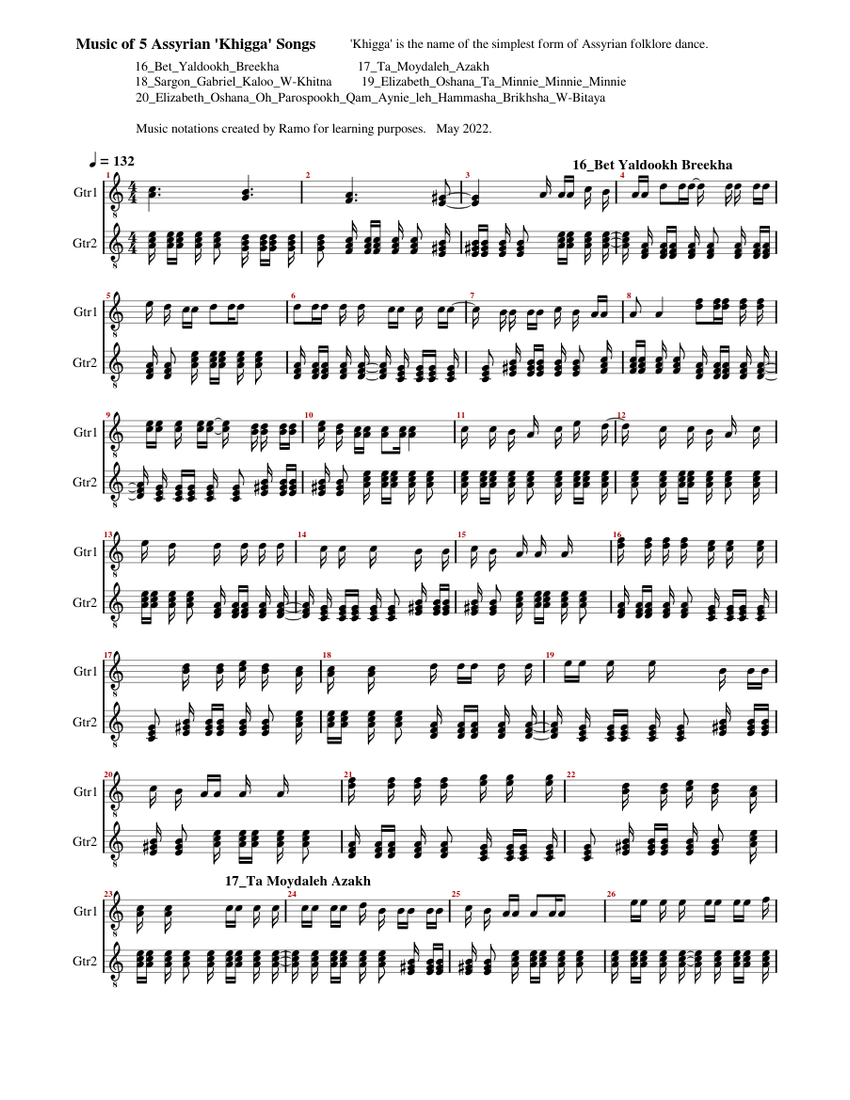Music of five (1620) Assyrian folklore songs Sheet music for Guitar (Mixed Duet)