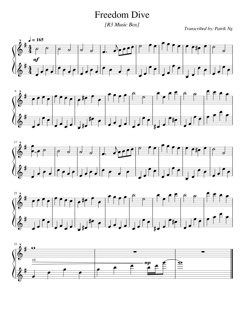 Freedom Dive - [xi / R3 Music Box] Sheet Music for Piano (Solo