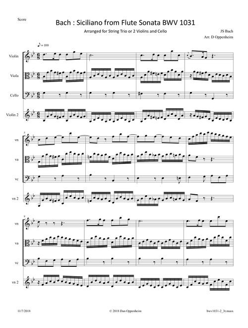 Bach: Siciliano from Flute Sonata BWV 1031 arranged for String Trio or 2 Violins and Cello (Arr. D Oppenheim) - JS Bach (Small Ensemble)
