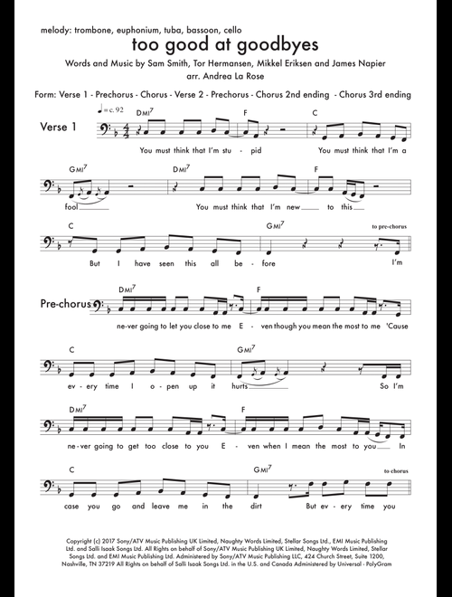 Too Good At Goodbyes (Arr. Andrea La Rose) - Sam Smith (Large Ensemble)
