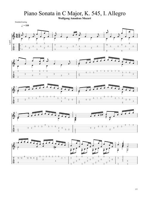 Piano Sonata No. 16 in C major, K. 545 Allegro (Wolfgang Amadeus Mozart) (Arr. Chris Richter) (Guitar Tab)