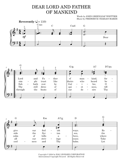Dear Lord And Father Of Mankind - John Greenleaf Whittier (Easy Piano)