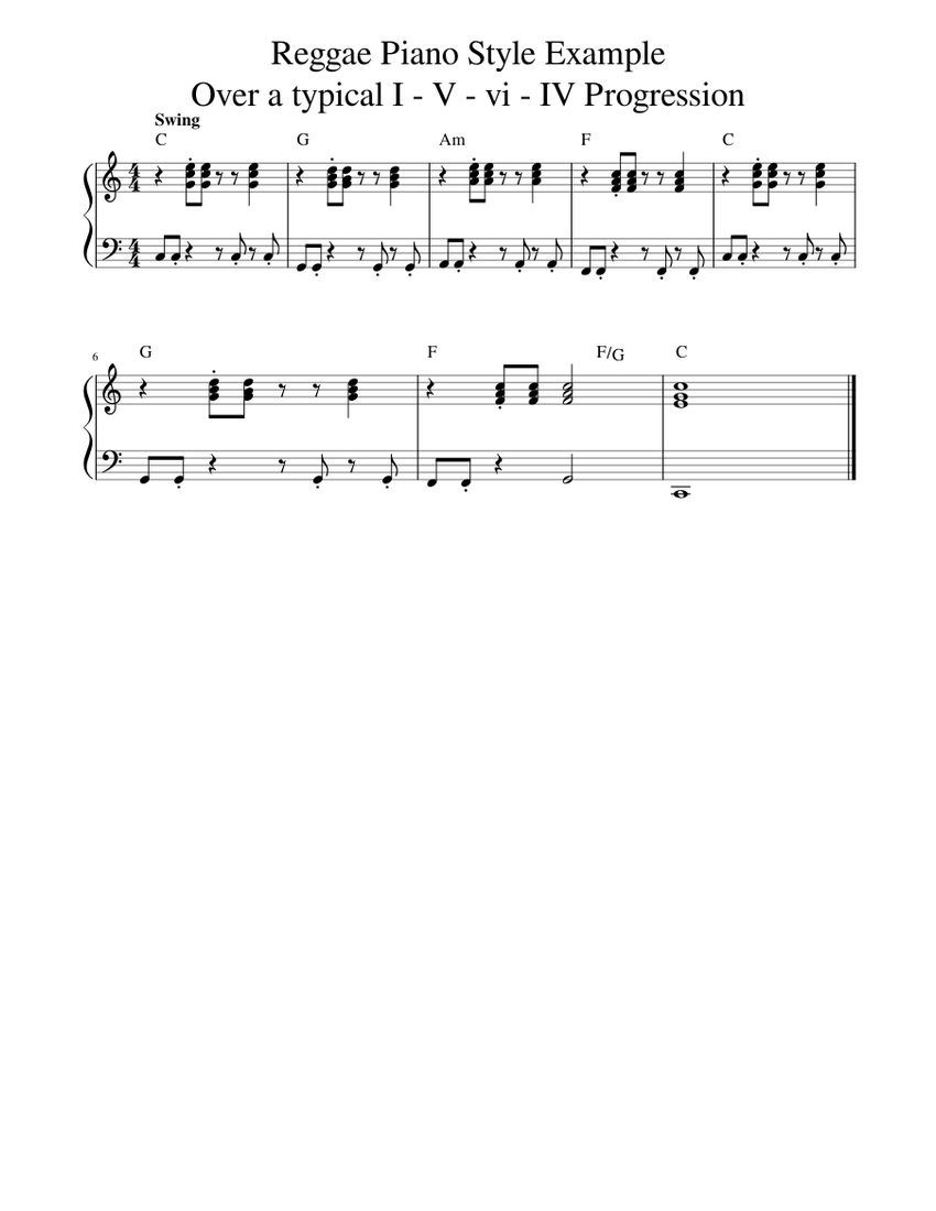 Reggae Piano Style Example over I V vi IV porgression Sheet Music with ...